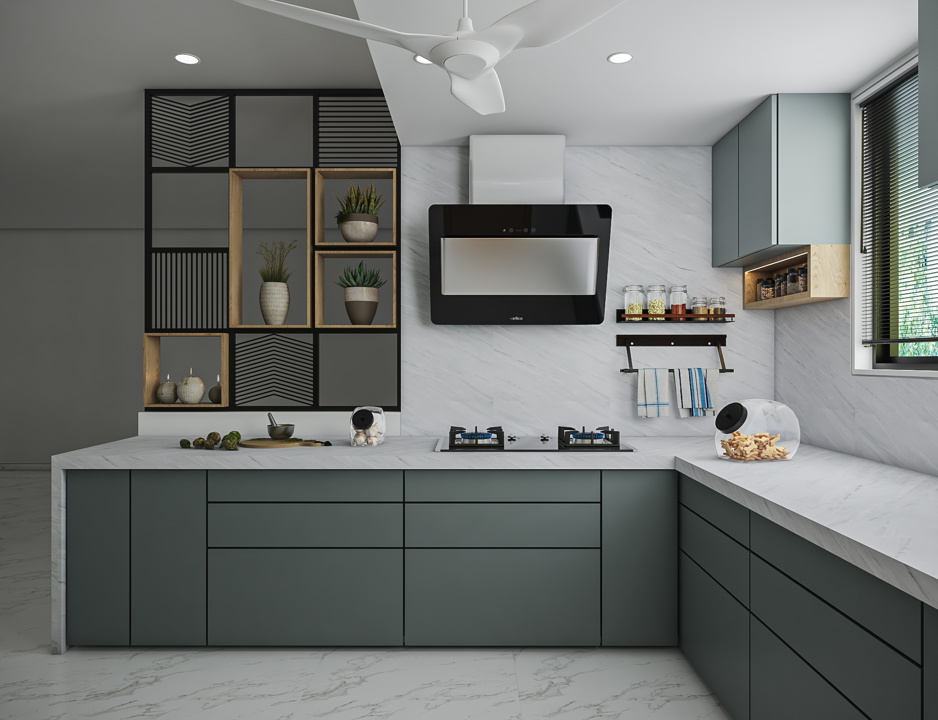 Elegant kitchen interior featuring marble countertops and modern appliances